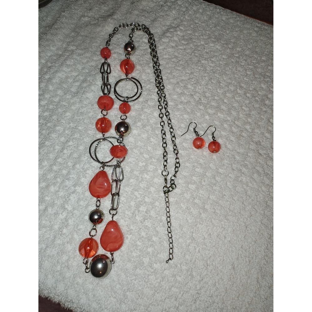 Jewelry Set Coral Orange Resin Beads Silver Tone Geometric Long Chain Necklace